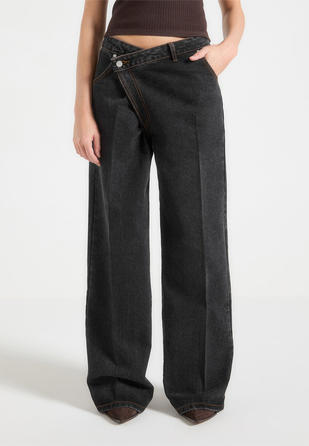 Astrid wrapover wide leg denim jeans in washed black