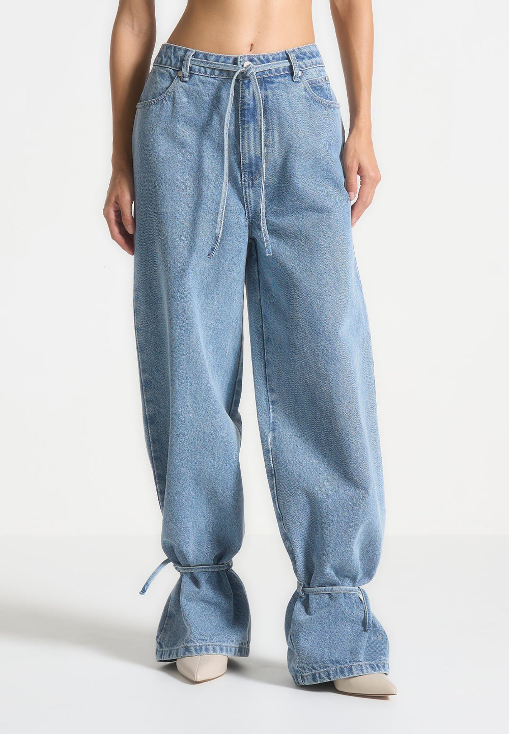 Faye wide mid rise jeans with tie waist in mid blue