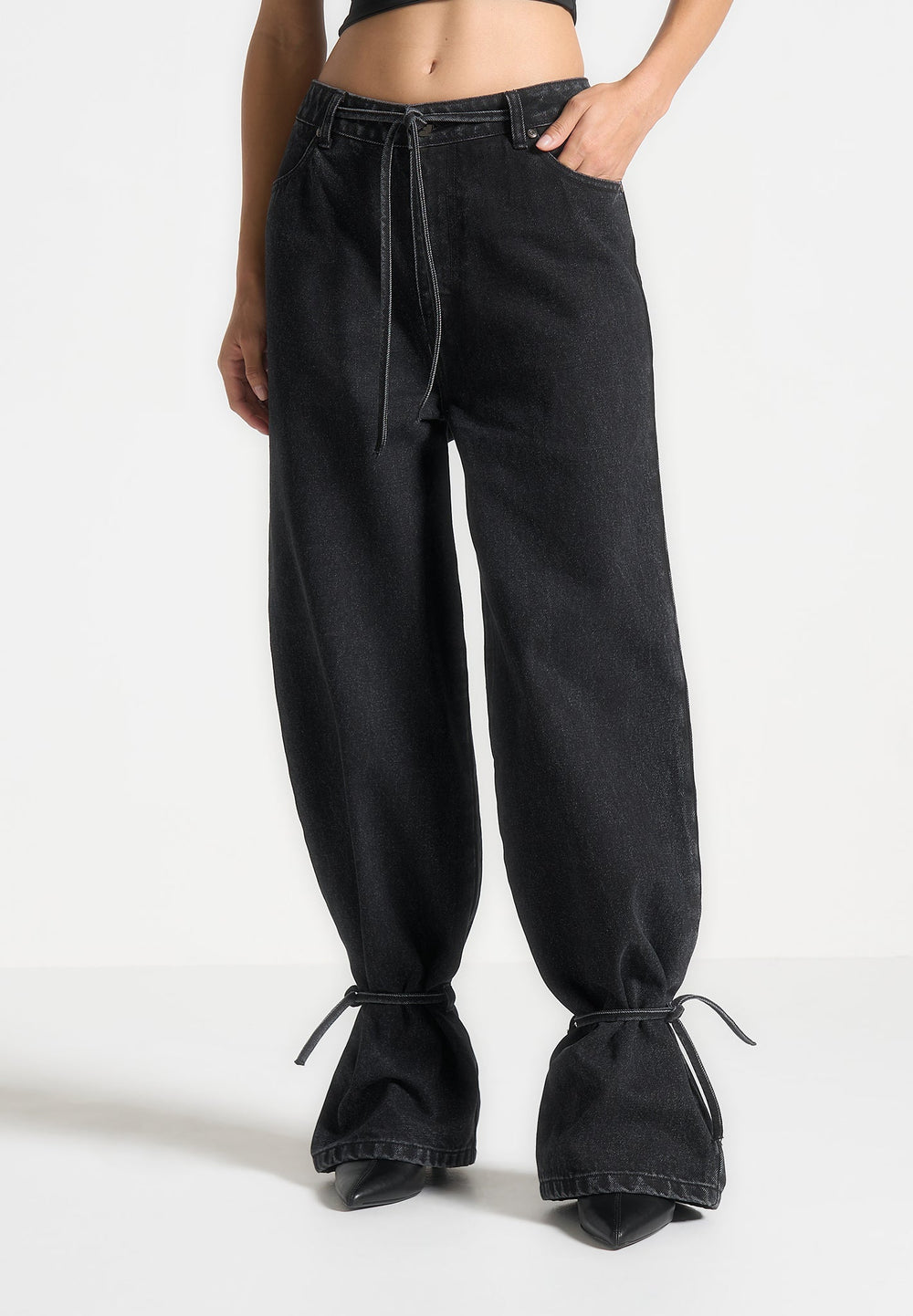 Faye wide mid rise jeans with tie waist in washed black