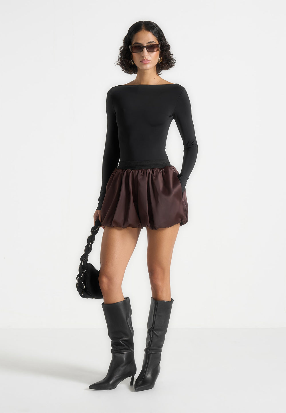 Zoe satin balloon shorts in espresso